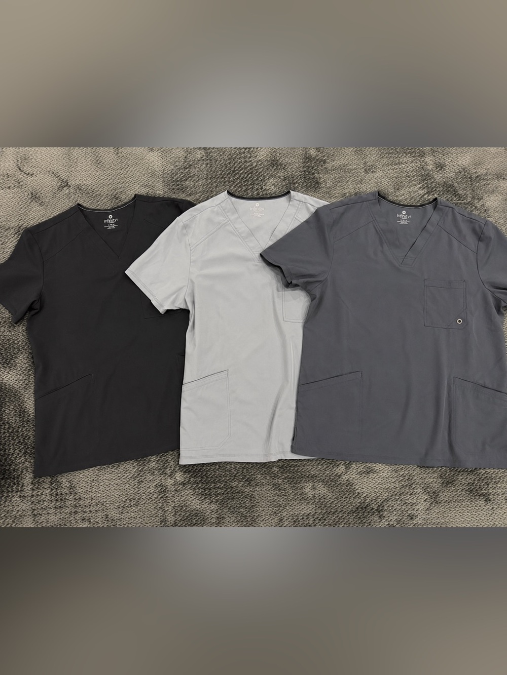 3 Men’s XL Cherokee Infinity Scrub Tops - Black, Light Gray, Charcoal, Workwear